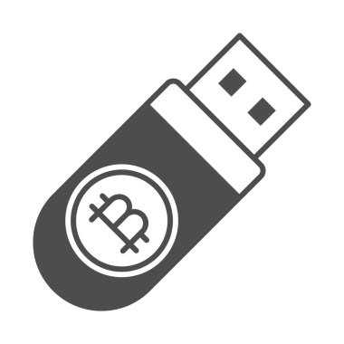 Bitcoin katı ikonu, kripto para birimi konsepti, BTC amblemli USB beyaz arka planda vektör işareti, mobil konsept ve web tasarımı için glifli simge. Vektör grafikleri.