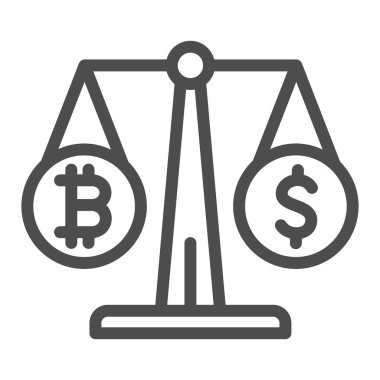 Ölçek çizgisi simgesi, kripto para birimi konsepti, beyaz arka planda BTC USD vektör işareti, mobil konsept ve web tasarımı için taslak biçimi simgesi üzerinde eşit bitcoin ve dolar. Vektör grafikleri.