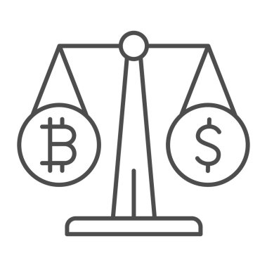 İnce çizgi simgesi, kripto para birimi konsepti, beyaz arka planda BTC USD vektör işareti, mobil konsept ve web tasarımı için taslak stil simgesi üzerinde eşit bitcoin ve dolar. Vektör grafikleri.