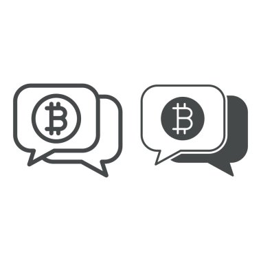 Bitcoin ile konuşma balonu, diyalog balonu hattı ve sağlam ikon, kripto para birimi konsepti, beyaz arka planda BTC vektör işareti, mobil konsept ve web tasarımı için taslak biçimi simgesi. Vektör grafikleri.