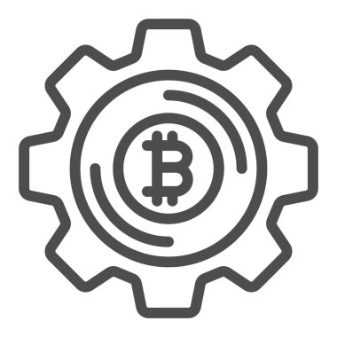 Ekonomik mekanizma çizgisi simgesi olarak vites, kripto para birimi konsepti, beyaz arka planda BTC tekerlek vektör işareti, mobil konsept ve web tasarımı için tasarım biçimi simgesi olarak bitcoin. Vektör grafikleri.