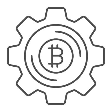 Ekonomik mekanizmada dişli olarak bitcoin ince çizgi simgesi, kripto para birimi konsepti, beyaz arka planda BTC tekerlek vektör işareti, mobil konsept ve web tasarımı için taslak stil simgesi. Vektör grafikleri.