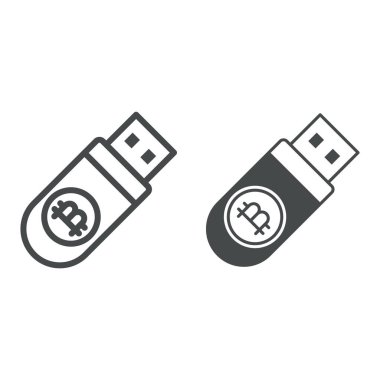 Bitcoin çizgisi ve sağlam simgesi olan flaş bellek, kripto para birimi konsepti, BTC amblemi olan USB beyaz arka planda vektör işareti, mobil konsept ve web tasarımı için taslak biçimi simgesi. Vektör grafikleri.