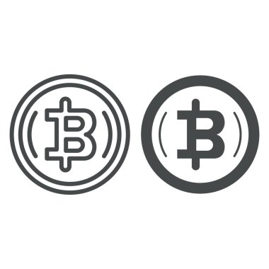 Çemberde Bitcoin amblemi, kripto bozuk para hattı ve katı ikon, kripto para birimi konsepti, beyaz zemin üzerinde BTC sembolü işareti, mobil konsept ve web tasarımı için taslak biçimi simgesi. Vektör grafikleri.