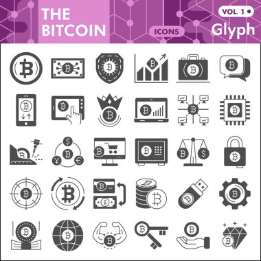 Bitcoin satır simgesi seti, kripto para birimi sembolleri koleksiyonu veya çizimleri. Web ve uygulama için BTC dijital para glifleri doğrusal tabelalar. Beyaz arkaplanda izole edilmiş vektör grafikleri.