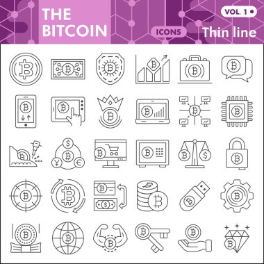 Bitcoin satır simgesi seti, kripto para birimi sembolleri koleksiyonu veya çizimleri. BTC dijital para ince çizgi işareti ağ ve uygulama için. Beyaz arkaplanda izole edilmiş vektör grafikleri.