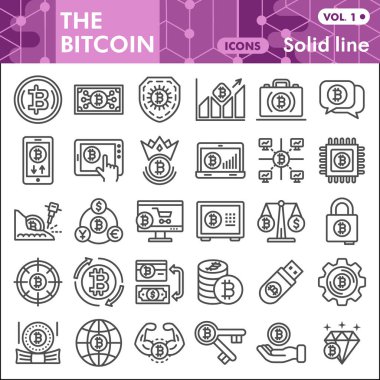 Bitcoin satır simgesi seti, kripto para birimi sembolleri koleksiyonu veya çizimleri. Web ve uygulama için BTC dijital para katı çizgi doğrusal tabelalar. Beyaz arkaplanda izole edilmiş vektör grafikleri.