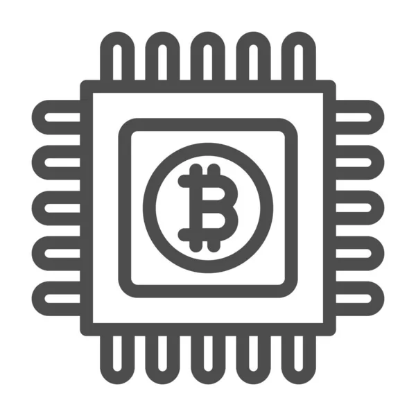 Emblema de Bitcoin en el icono de línea de microchip de circuito, concepto de criptomoneda, signo de vector de procesador BTC sobre fondo blanco, icono de estilo de esquema para el concepto móvil y el diseño web. Gráficos vectoriales. — Vector de stock