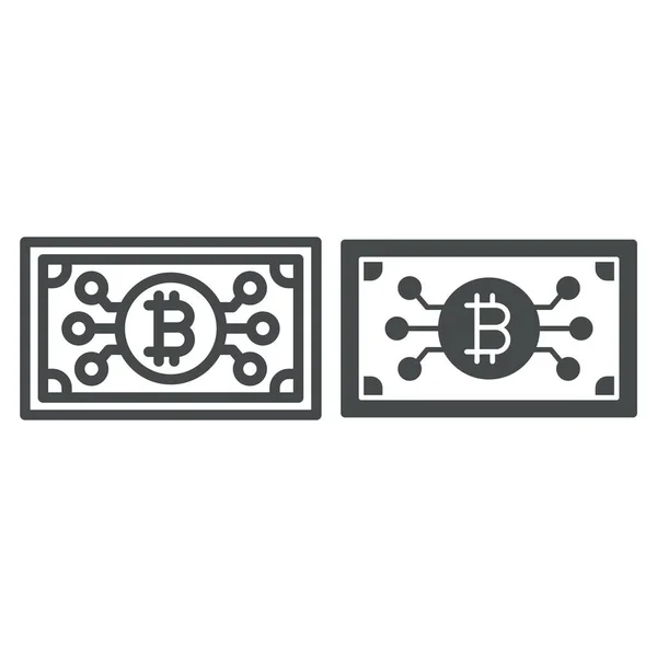 Bitcoin como billete de banco, línea de criptomoneda en efectivo duro e icono sólido, concepto financiero, signo de vector BTC sobre fondo blanco, icono de estilo de esquema para el concepto móvil y diseño web. Gráficos vectoriales. — Vector de stock