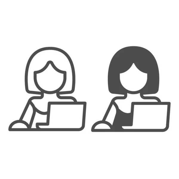 笔记本电脑上的女性有鼠标、自由职业者线条和坚实的图标、工作和学习的概念、白色背景上的学生矢量符号、移动概念和网页设计的轮廓风格图标。矢量图形. — 图库矢量图片