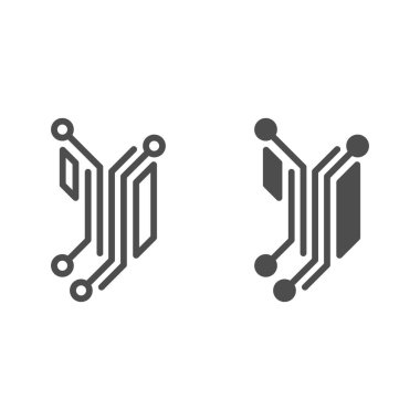 Analog devre düzeni çizgisi ve katı ikon, elektronik konsept, beyaz arka planda analog PCB vektör işaretinin bir parçası, mobil konsept ve web tasarımı için taslak biçimi simgesi. Vektör grafikleri.