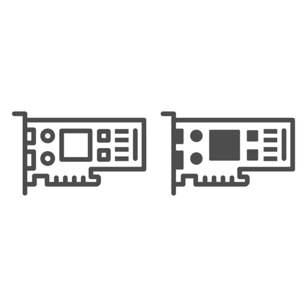 Línea de tarjeta de video e icono sólido, concepto de electrónica, signo de vector adaptador de gráficos sobre fondo blanco, icono de estilo de esquema para el concepto móvil y el diseño web. Gráficos vectoriales. — Vector de stock