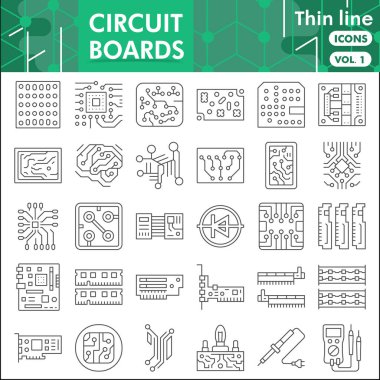Yazdırılmış devre çizgisi simgesi seti, mikro çip sembolleri koleksiyonu veya çizimleri. Ağ ve uygulama için başlık çizgisinde doğrusal işaretler olan PCB ince satırı. Beyaz arkaplanda izole edilmiş vektör grafikleri.