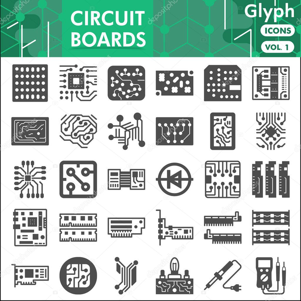 Printed circuit board line icon set, micro chip symbols collection or sketches. PCB glyph with headline linear style signs for web and app. Vector graphics isolated on white background.