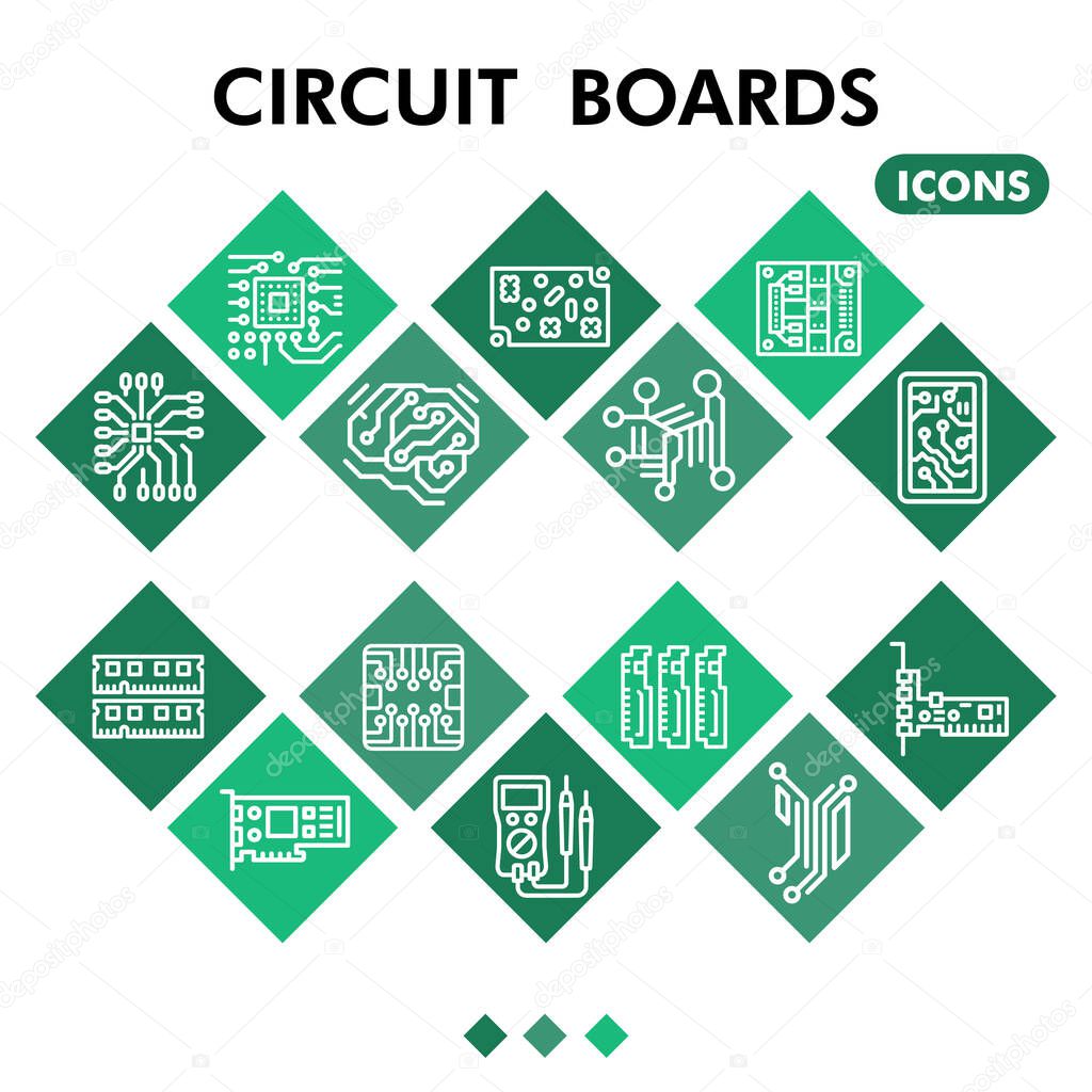 Modern circuit board infographic design template. PCB inphographic visualization with fourteen steps square design on green background. Micro chip template for presentation. Creative vector.