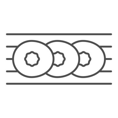 Tel raftaki tortillalar ince çizgi ikonu, sokak yemekleri konsepti, beyaz arka planda çelik ızgara vektör işareti, mobil konsept ve web tasarımı için taslak tarzı ikon. Vektör grafikleri.