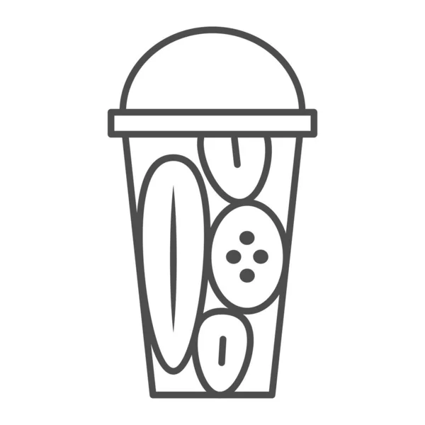 Frutas en contenedor de plástico icono de línea delgada, concepto de comida callejera, signo de vector de ensalada de fruta fresca sobre fondo blanco, icono de estilo de esquema para el concepto móvil y el diseño web. Gráficos vectoriales. — Vector de stock