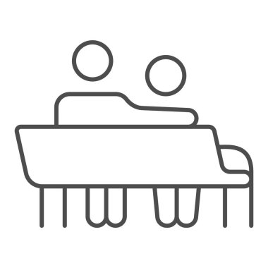 Çift banka ince çizgi ikonu, aşk ve ilişki konsepti, beyaz arka planda bank vektör işareti, mobil konsept ve web tasarımı için taslak tarzı ikonu üzerinde oturur. Vektör grafikleri.