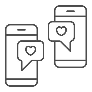 Akıllı telefon, ince çizgi ikonu, aşk ve flört konsepti ile mesajlar, mesaj beyaz arka planda vektör işaretini sever, mobil konsept ve web tasarımı için taslak tarzı ikonu. Vektör grafikleri.