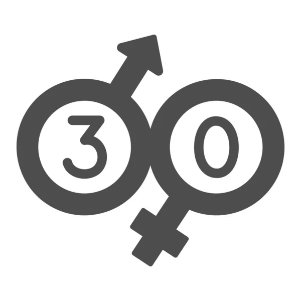 Homme et femme commençant par 30 icône solide, concept d'amour et de relation, trente signe vectoriel sur fond blanc, icône de style glyphe pour concept mobile et web design. Graphiques vectoriels. — Image vectorielle