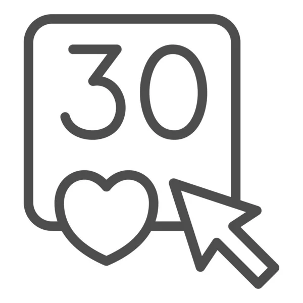 Haga clic en el número 30 y el icono de la línea del corazón, citas y concepto de relación, amor treinta signo de vector sobre fondo blanco, icono de estilo de esquema para el concepto móvil y diseño web. Gráficos vectoriales. — Vector de stock