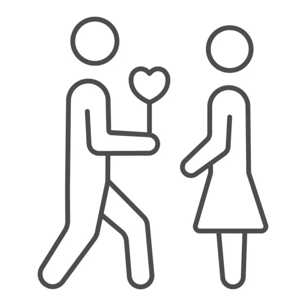 man gives woman heart flower thin line icon, dating and relationship concept, couple date vector sign on white background, outline style icon for mobile concept and web design. Vector graphics.