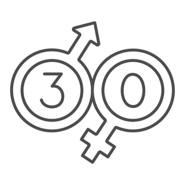 Homme et femme commençant par 30 icône de ligne mince, concept d'amour et de relation, trente signe vectoriel sur fond blanc, icône de style contour pour concept mobile et web design. Graphiques vectoriels. — Image vectorielle
