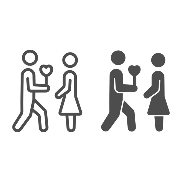 Man geeft vrouw hart bloem lijn en solide pictogram, dating en relatie concept, paar datum vector teken op witte achtergrond, outline stijl pictogram voor mobiele concept en web design. vectorgrafieken. — Stockvector