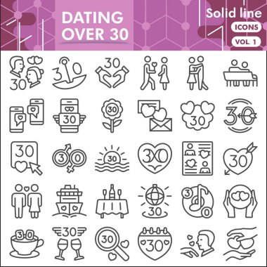 30 'dan fazla satır simgesi seti, aşk ve ilişki sembolleri koleksiyonu veya eskizler. İnternet ve uygulama için manşet tarzı işaretleri olan birkaç sağlam satır. Beyaz arkaplanda izole edilmiş vektör grafikleri.