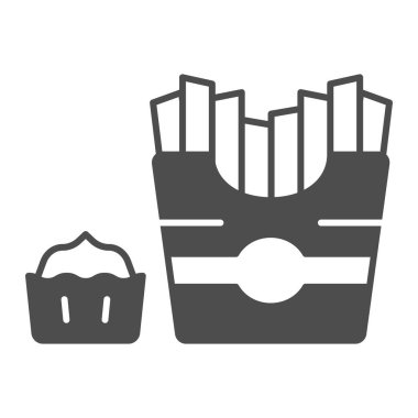 Çikolata soslu kızarmış patates katı ikon, Asya gıda konsepti, beyaz arka planda çikolatalı patates kızartması vektör işareti, mobil konsept ve web tasarımı için kabartma tarzı ikon. Vektör grafikleri.