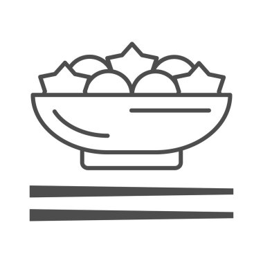 Donburi ince çizgi ikonu, Asya yemeği konsepti, beyaz arka planda Japon pilav tabağı tabağı vektör tabelası, mobil konsept ve web tasarımı için taslak tarzı ikon. Vektör grafikleri.