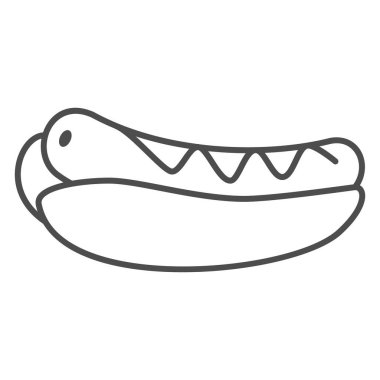 Royal hot dog ince çizgi ikonu, sokak yemekleri konsepti, beyaz arka planda ızgara sosisli sandviç vektör tabelası, mobil konsept ve web tasarımı için taslak tarzı ikon. Vektör grafikleri.