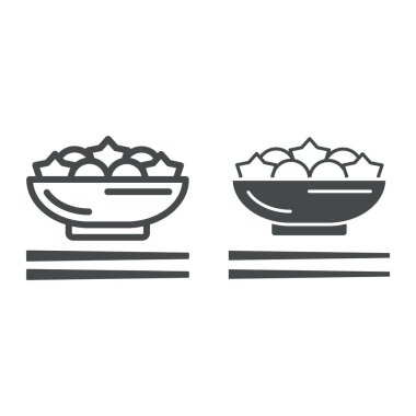 Donburi hattı ve katı ikon, Asya yemeği konsepti, beyaz arka planda Japon pilav tabağı vektör tabelası, mobil konsept ve web tasarımı için taslak tarzı ikon. Vektör grafikleri.