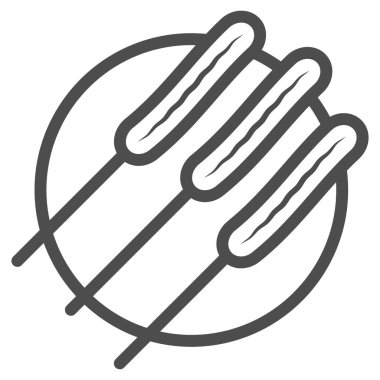 Çubuk çizgisi ikonunda sosisler, Asya yemeği konsepti, şiş üzerinde sosis beyaz arka planda vektör işareti, mobil konsept ve web tasarımı için taslak tarzı ikon. Vektör grafikleri.