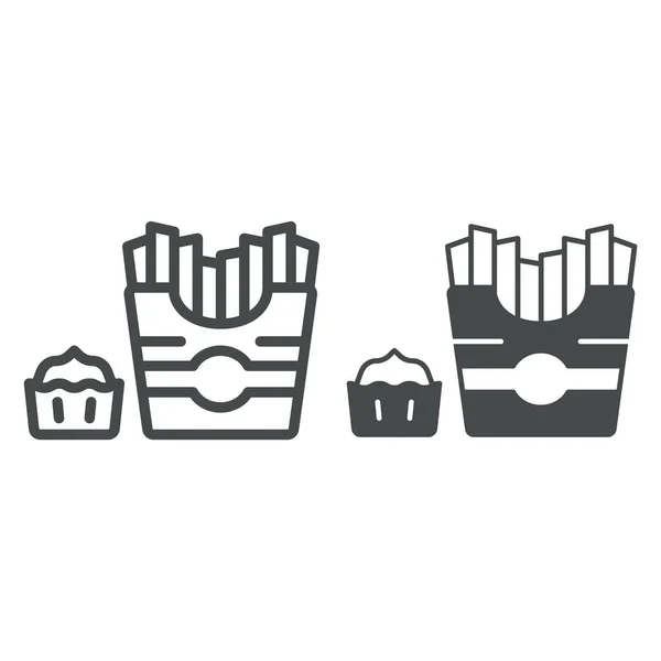 Papas fritas con línea de salsa de chocolate e icono sólido, concepto de comida asiática, choco papas fritas signo vectorial sobre fondo blanco, icono de estilo de esquema para el concepto móvil y diseño web. Gráficos vectoriales. — Vector de stock