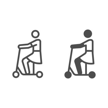 Kız koltuk hizasında elektrikli scooter ve sağlam ikon, elektrikli taşıma konsepti, beyaz arka planda otur ve vektör işaretine bin, mobil konsept ve web tasarımı için taslak tarzı ikon. Vektör grafikleri.