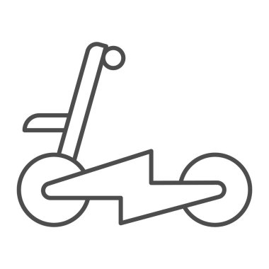 Elektrik scooter 'ı, ince ışık çizgisi ikonu, elektrikli taşıma konsepti, beyaz arka planda yıldırım bisikleti vektör işareti, mobil konsept ve web tasarımı için taslak tarzı ikon. Vektör grafikleri.