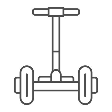 Uçan kaykay ön görünüm ince çizgi simgesi, elektrik taşıma konsepti, beyaz arka planda vektör işareti olan jirosyon, mobil konsept ve web tasarımı için taslak biçimi simgesi. Vektör grafikleri.