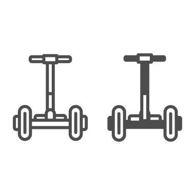 Uçan kaykay ön görüş hattı ve katı ikon, elektrik taşıma konsepti, beyaz arka planda vektör işareti olan jirosyon, mobil konsept ve web tasarımı için taslak biçimi simgesi. Vektör grafikleri.