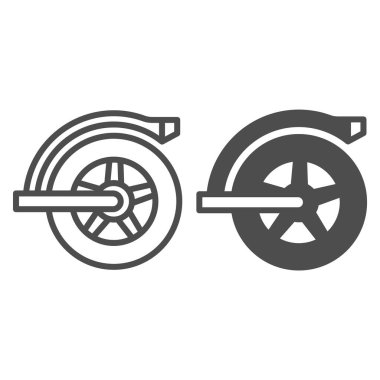 Elektrikli scooter hattının arka tekerleği ve katı ikon, elektrik taşıma konsepti, beyaz arka planda çamurlu tekerlek vektör işareti, mobil konsept ve web tasarımı için taslak stil ikonu. Vektör grafikleri.