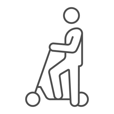 Adam elektrikli scooter ince çizgi ikonu, elektrik taşıma konsepti, beyaz arka planda scooter vektör işareti, mobil konsept ve web tasarımı için taslak tarzı ikon üzerinde duruyor. Vektör grafikleri.