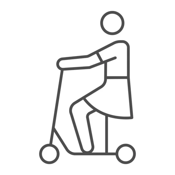 女孩在座椅细线图标上骑电动车，电动车概念，白色背景上坐着和骑着矢量符号，移动概念和网页设计的轮廓风格图标。矢量图形. — 图库矢量图片