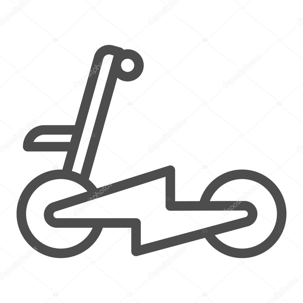 Electric scooter with lightning line icon, electric transport concept, lightning bike vector sign on white background, outline style icon for mobile concept and web design. Vector graphics.