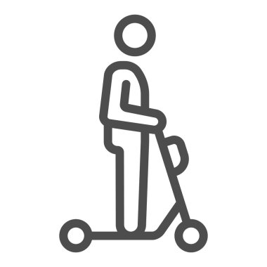 Elektrikli scooter çizgisi ikonu, elektrikli taşıma konsepti, beyaz arka planda scooter sürüş vektör tabelası, mobil konsept ve web tasarımı için taslak tarzı ikon. Vektör grafikleri.
