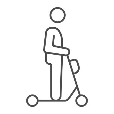 Elektrikli scooter 'daki adam ince çizgi ikonu, elektrikli taşıma konsepti, beyaz arka planda scooter sürüş vektör tabelası, mobil konsept ve web tasarımı için taslak tarzı ikon. Vektör grafikleri.