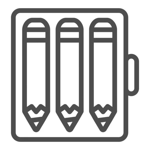 Caja de lápices con tres lápices icono de línea, concepto de papelería, escritura implementa signo vectorial sobre fondo blanco, icono de estilo de esquema para el concepto móvil y el diseño web. Gráficos vectoriales. — Vector de stock