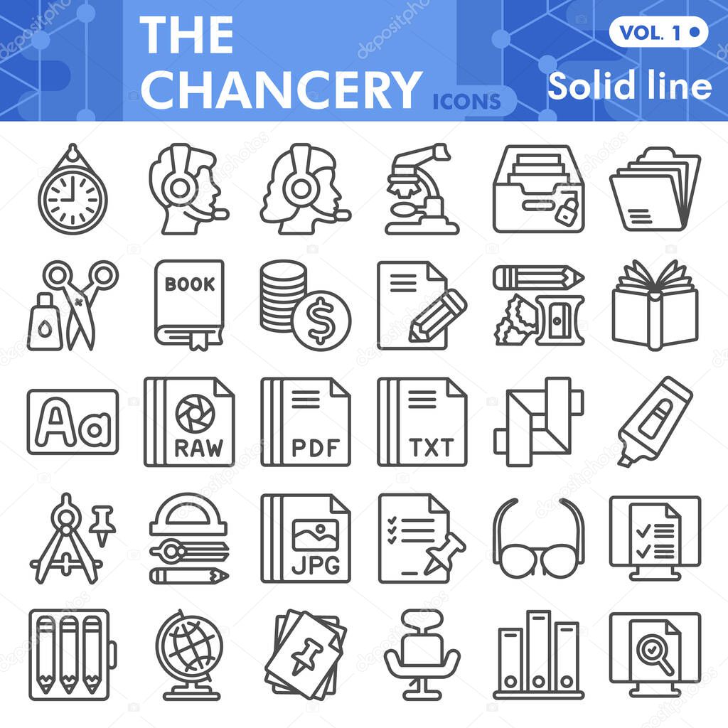 Chancery line icon set, stationery and documents symbols collection or sketches. Office supplies soild line linear style signs for web and app. Vector graphics isolated on white background.