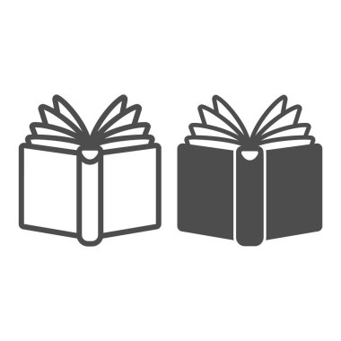 Açılmış kitap, sayfalar, kitap kapağı ve sağlam ikon, eğitim konsepti, beyaz arka planda ders kitabı vektör işareti, mobil konsept ve web tasarımı için taslak stil ikonu. Vektör grafikleri.