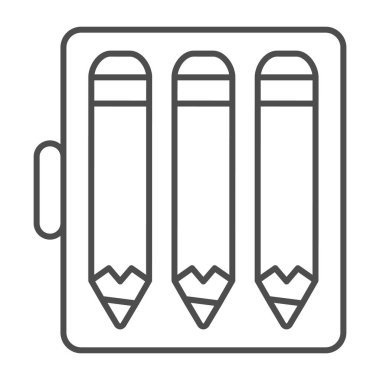 Üç kalem, ince çizgi simgesi, kırtasiye konsepti, beyaz arkaplanda vektör işareti, mobil konsept ve web tasarımı için taslak biçimi simgesi içeren kalem kutusu. Vektör grafikleri.