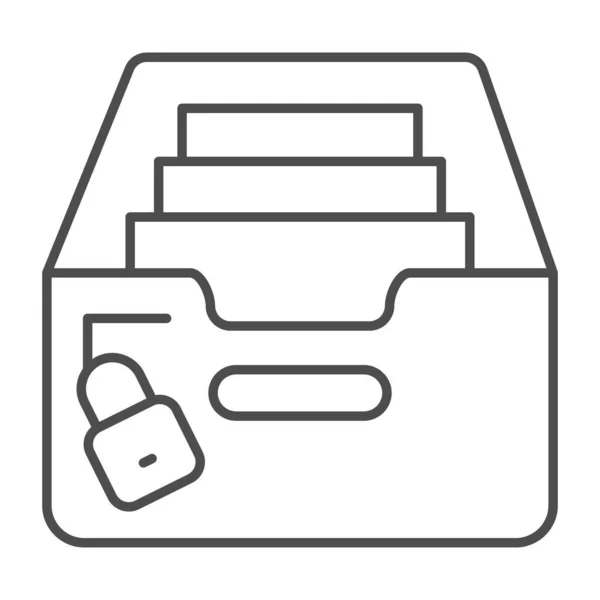 Boîte avec fichiers, documents arhival et icône de ligne mince de verrouillage, concept de sécurité, signe vectoriel de données sécurisé sur fond blanc, icône de style de contour pour concept mobile et conception Web. Graphiques vectoriels. — Image vectorielle